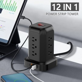 サージ保護機能付きブラックパワーストリップ、12個のACコンセント、3つのUSBポート、1つのType-Cポート、5フィートの延長コードを備え、家庭、オフィス、キッチン、ガレージ、寮に適しており、コンセントスペースを最大限に活用します。