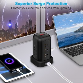 サージ保護機能付きブラックパワーストリップ、12個のACコンセント、3つのUSBポート、1つのType-Cポート、5フィートの延長コードを備え、家庭、オフィス、キッチン、ガレージ、寮に適しており、コンセントスペースを最大限に活用します。