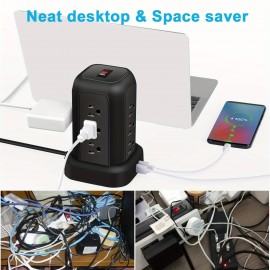 サージ保護機能付きブラックパワーストリップ、12個のACコンセント、3つのUSBポート、1つのType-Cポート、5フィートの延長コードを備え、家庭、オフィス、キッチン、ガレージ、寮に適しており、コンセントスペースを最大限に活用します。