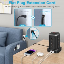 サージ保護機能付きブラックパワーストリップ、12個のACコンセント、3つのUSBポート、1つのType-Cポート、5フィートの延長コードを備え、家庭、オフィス、キッチン、ガレージ、寮に適しており、コンセントスペースを最大限に活用します。