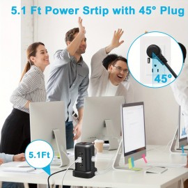サージ保護機能付きブラックパワーストリップ、12個のACコンセント、3つのUSBポート、1つのType-Cポート、5フィートの延長コードを備え、家庭、オフィス、キッチン、ガレージ、寮に適しており、コンセントスペースを最大限に活用します。