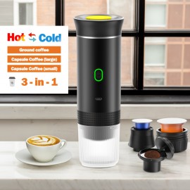 ポータブル電気エスプレッソマシン、キャンプ用ーヒーメーカー、Type-C対応の自己加熱式カーコーヒーメーカー、温冷ブリュー、RV、ハイキング、オフィス用の粉コーヒー&カプセルコーヒー対応