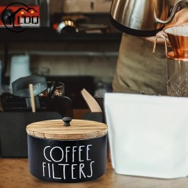 LDQ ラスティックファームハウス風木製コーヒーフィルターホルダー、黒い蓋付き – 耐久性があり、お手入れ簡単なキッチンカウンター装飾用収納容器、コーヒーバーや家庭用に最適
