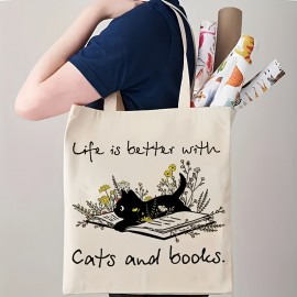 楽しい猫と本のトートバッグセット 1個 - 大容量再利用可能なショッピング&収納ハンドバッグ、猫好きへの完璧なギフト、誕生日やクリスマスに