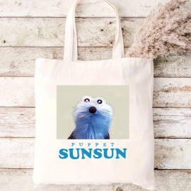 メンズカジュアルキャンバストートバッグ、楽しい「サンスン」キャラクタープリント付き - 耐久性のあるニット素材、ラウンドネック、ベージュ色、日常使い&誕生日プレゼントに最適