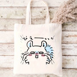 女性用キュートなホワイトキャンバストートバッグ - おしゃれなショッピングショルダーバッグ、楽しいキャラクタープリント付き、耐久性あり&洗濯機可、日常使いに最適|かわいいキャラクターボックス|丈夫なキャンバス、かわいいバッグ