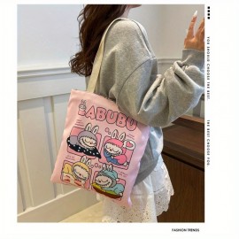 愛らしいカートゥーンテーマのナイロントートバッグ - 耐久性のあるシングルショルダーショッピングバッグ、ジップクロージャー付き、手洗い可能 - ライトブルー、イエロー、ディープピンク、マゼンタ、グリーン、ブルー、ピンクで利用可能 - 学生や日常使いに最適