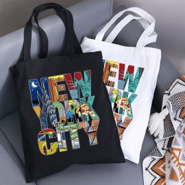 シックなニューヨークシティプリントキャンバストートバッグ - 広々とした＆多機能ショルダーハンドバッグ、仕事、学校、ショッピング用 | 洗濯機で洗える