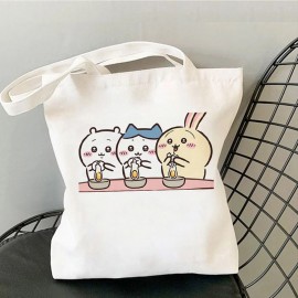 女性用かわいいカートゥーンキャンバストートバッグ - クマ&ウサギのキャラクタープリント付きホワイトカジュアルショルダーショッピングバッグ、洗濯機可、固定ストラップ、日常使いに最適