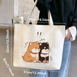 シックな子犬プリントトートバッグ - 広々とした＆多機能、固定ショルダーストラップ、ジップクロージャー付き - 仕事、学校、ショッピング、旅行に最適 - 耐久性のあるオックスフォード生地、洗濯機可 - ブラック/ホワイト
