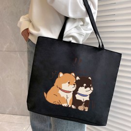 シックな子犬プリントトートバッグ - 広々とした＆多機能、固定ショルダーストラップ、ジップクロージャー付き - 仕事、学校、ショッピング、旅行に最適 - 耐久性のあるオックスフォード生地、洗濯機可 - ブラック/ホワイト