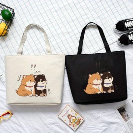 シックな子犬プリントトートバッグ - 広々とした＆多機能、固定ショルダーストラップ、ジップクロージャー付き - 仕事、学校、ショッピング、旅行に最適 - 耐久性のあるオックスフォード生地、洗濯機可 - ブラック/ホワイト