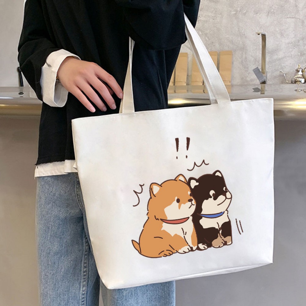 シックな子犬プリントトートバッグ - 広々とした＆多機能、固定ショルダーストラップ、ジップクロージャー付き - 仕事、学校、ショッピング、旅行に最適 - 耐久性のあるオックスフォード生地、洗濯機可 - ブラック/ホワイト