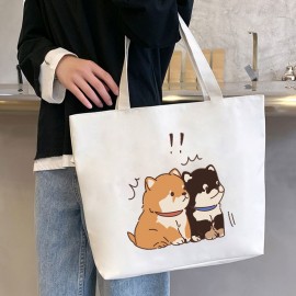 シックな子犬プリントトートバッグ - 広々とした＆多機能、固定ショルダーストラップ、ジップクロージャー付き - 仕事、学校、ショッピング、旅行に最適 - 耐久性のあるオックスフォード生地、洗濯機可 - ブラック/ホワイト