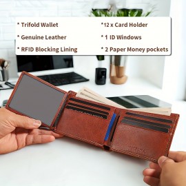 シフィアのメンズレトロフルグレインレザーRFIDブロッキング三つ折り財布、複数のカードスロット付き - 男性へのギフトに最適