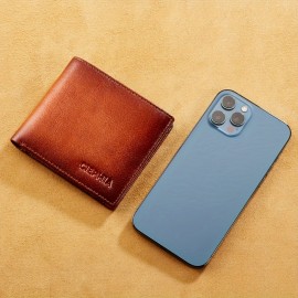 本物のレザーワレット、防犯機能付き、大容量、トップレイヤーキューヒョウ製、ダブルフォールドヴィンテージデザイン、デュアルIDウィンドウ付き、ギフトに最適。