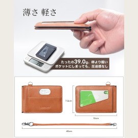 メンズレザーパスカス、カードスロット5つ付き、スリムデザイン、Dリング、ICカード2枚収納可能、ストラップ付属、通勤・学校用に適しています